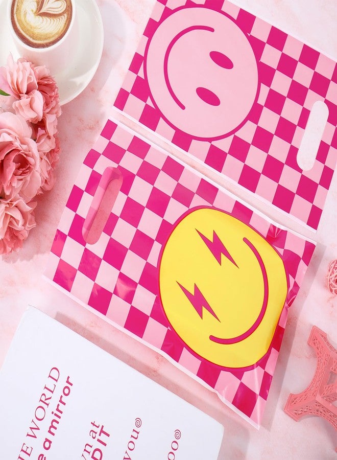 Whaline 50Pcs Preppy Party Favor Bag Pink Checkered Smile Face Treat Bags with Handles Plastic Candy Goodie Bags for Birthday Baby Shower Party Favors Supplies - Image 3